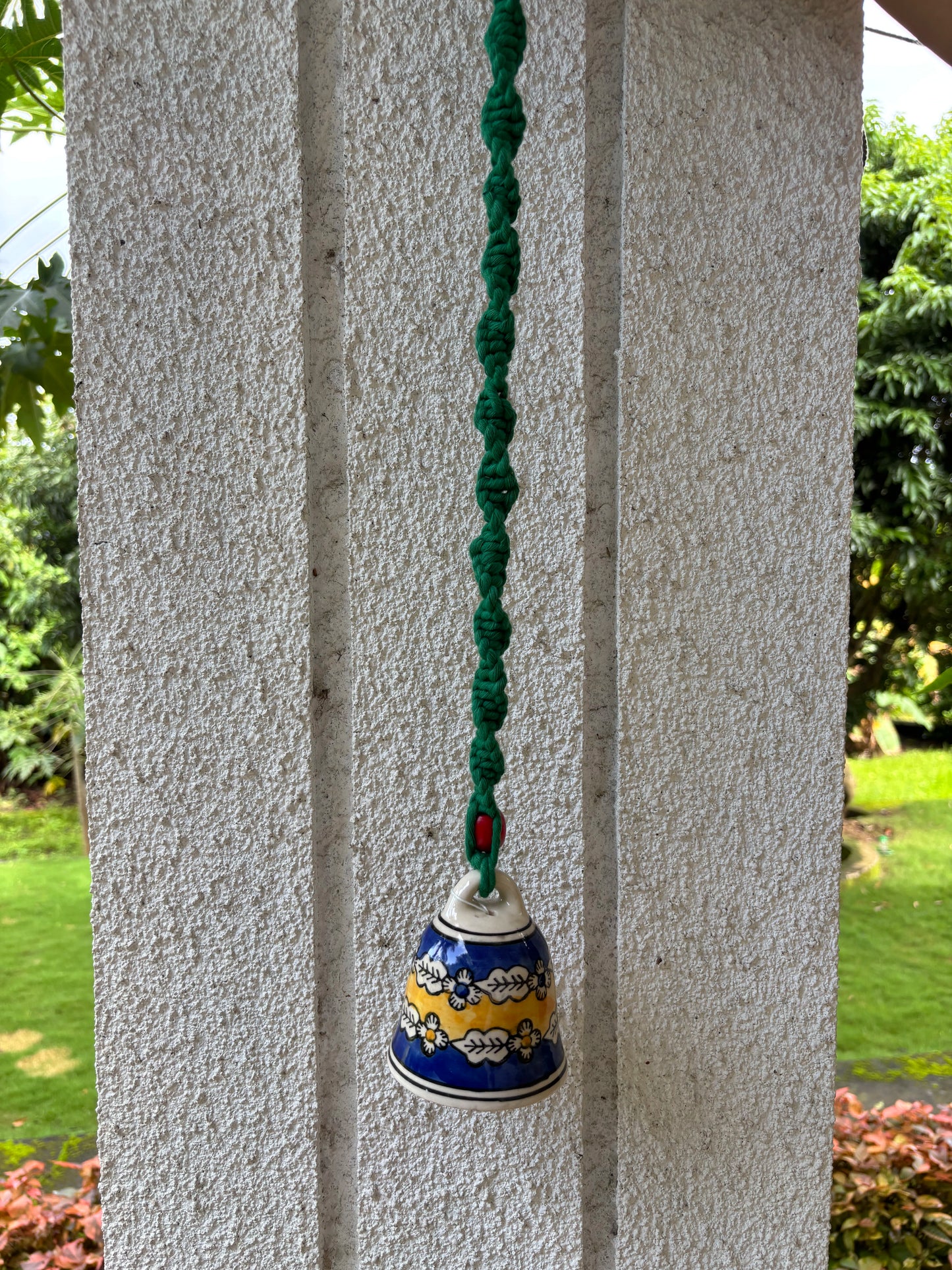 Single Bell- Blue and Yellow with Green Macrame Thread