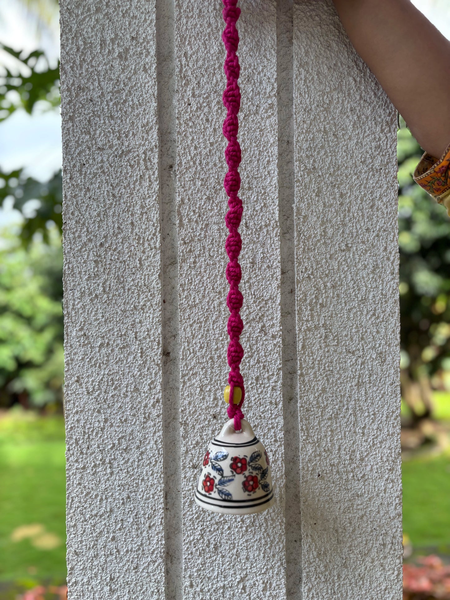 Single Bell- White and Red Bell with Red Macrame Thread