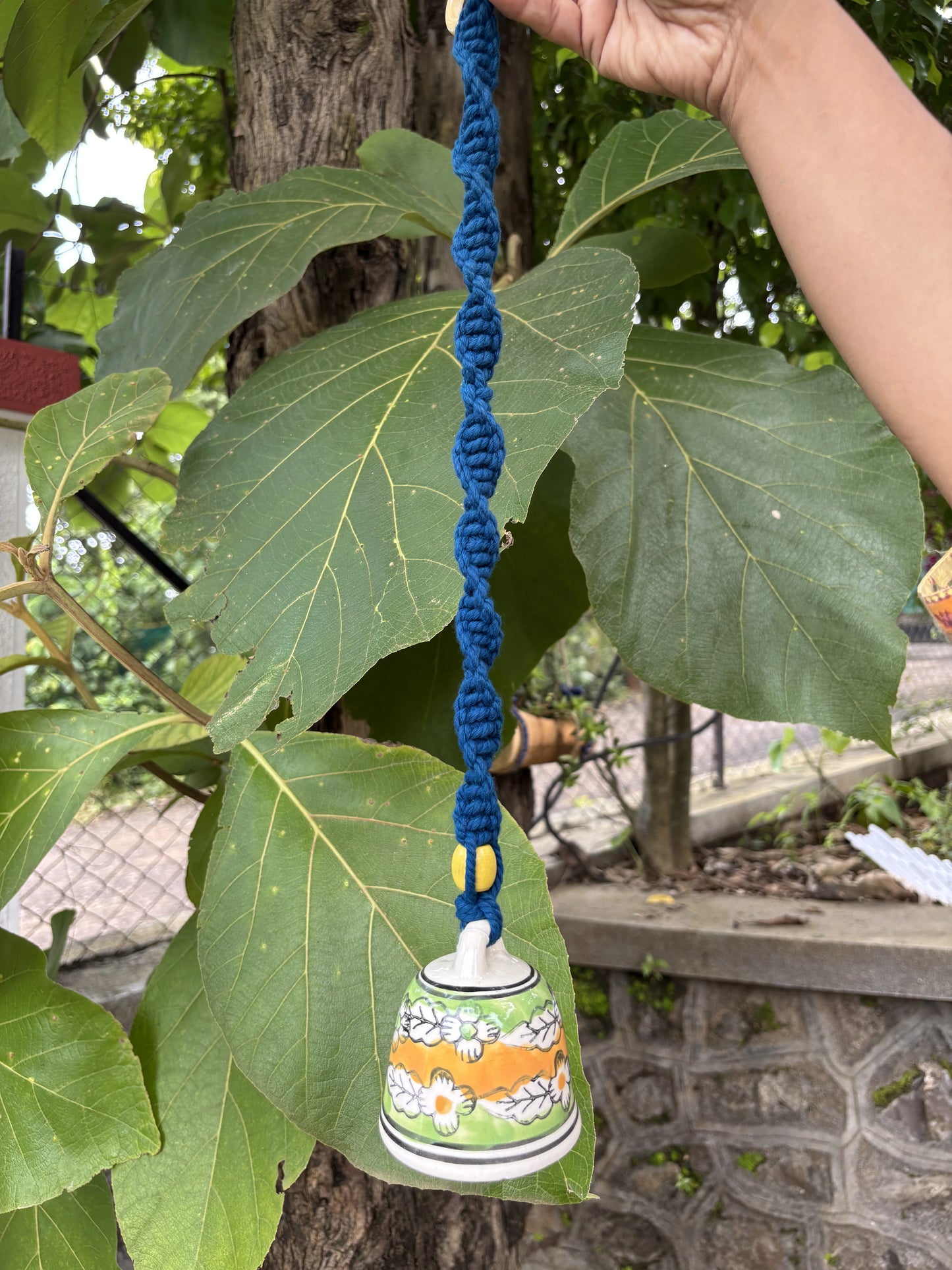 Single Bell- Yellow and Green Bell with Blue Macrame