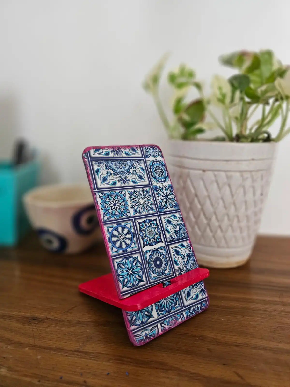 Blue Tile Decoupaged Wooden Phone Stand