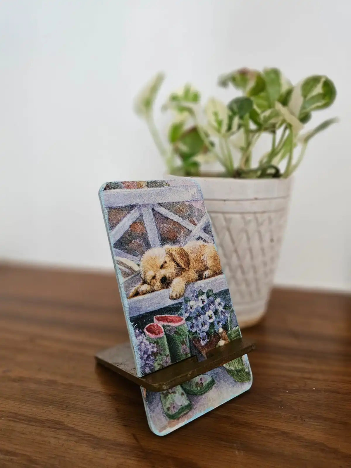 Cozy Puppy Decoupaged Wooden Phone Stand