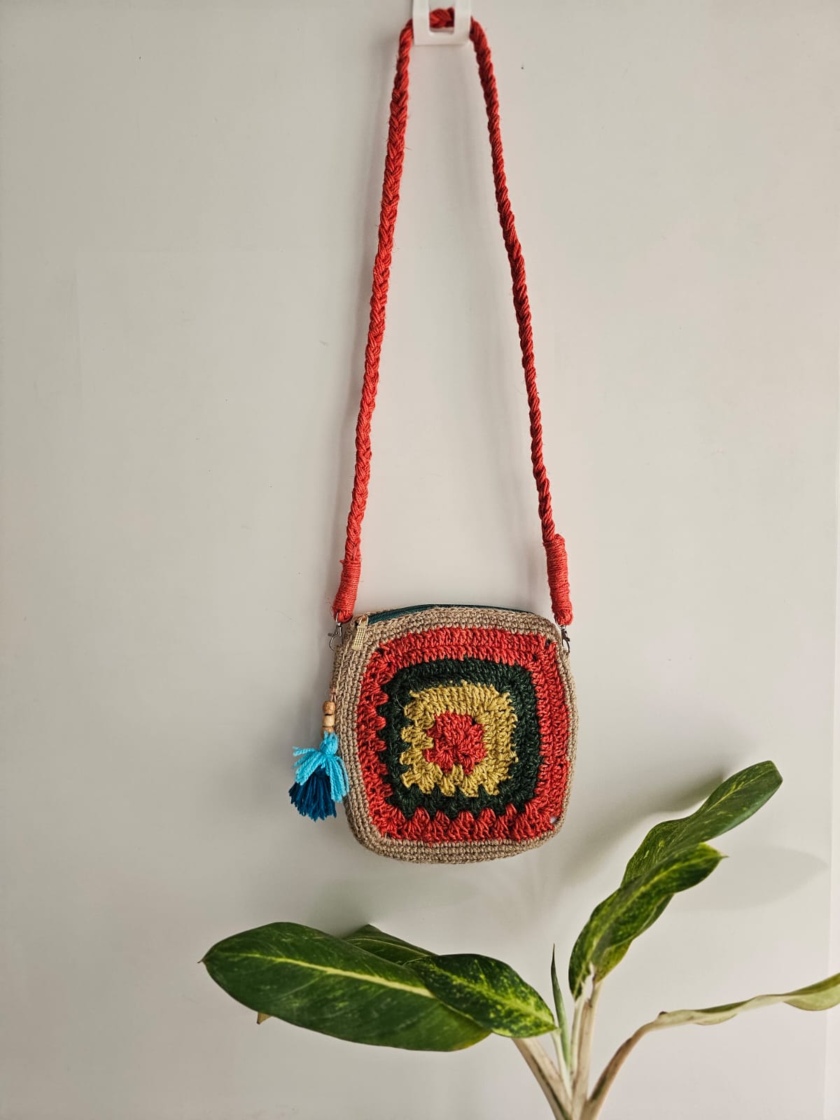 Crochet Square Sling Bag- Jute and Orange