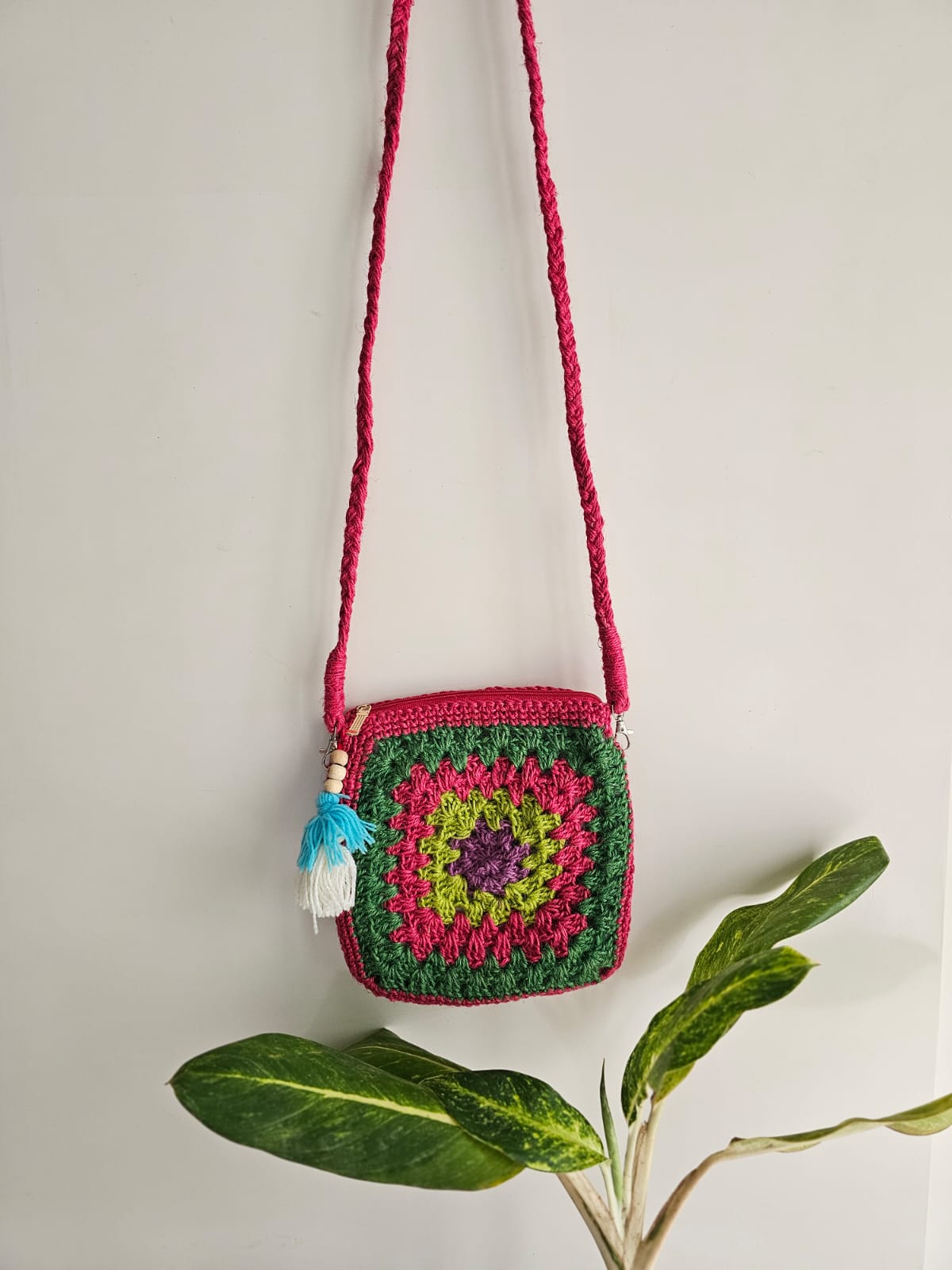 Crochet Square Sling Bag- Green and Pink