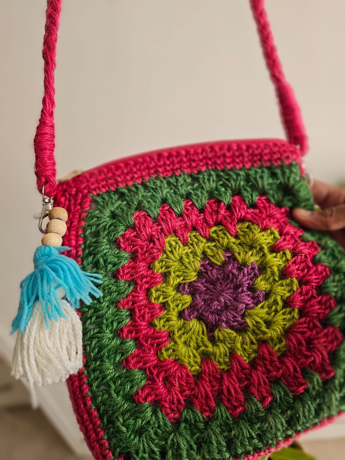 Crochet Square Sling Bag- Green and Pink