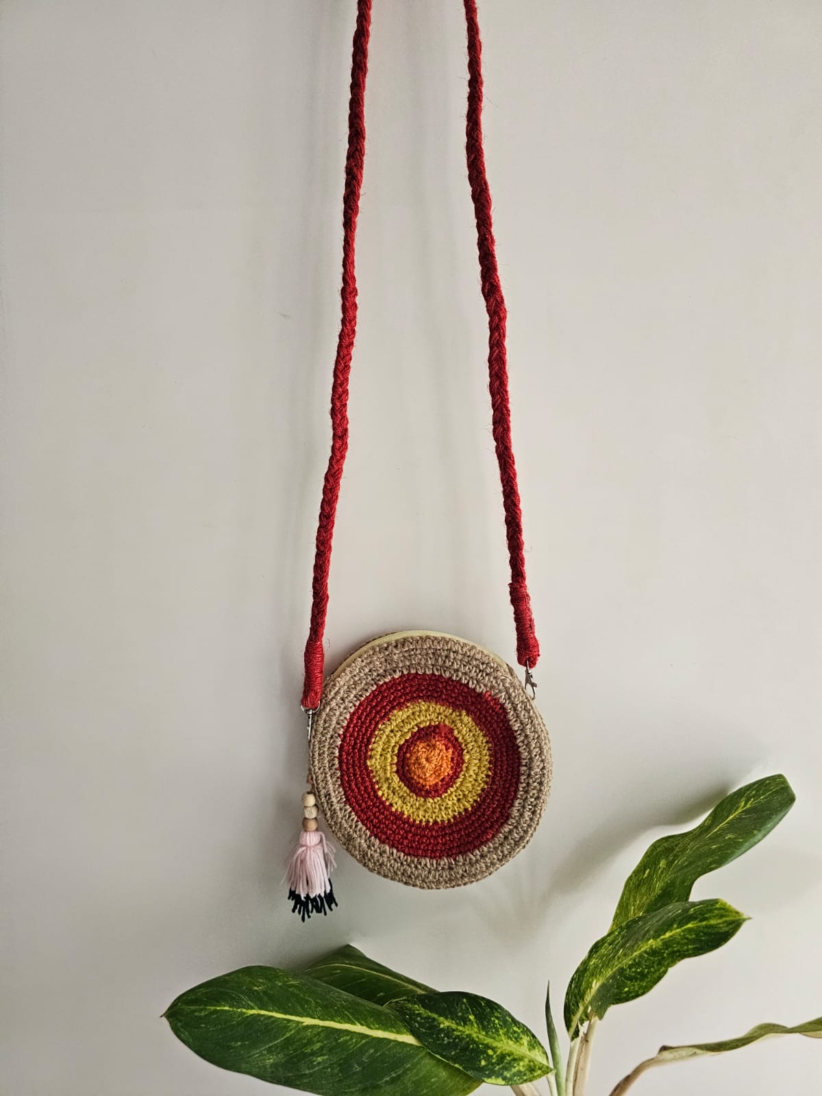 Crochet Round Sling Bag- Jute and Maroon