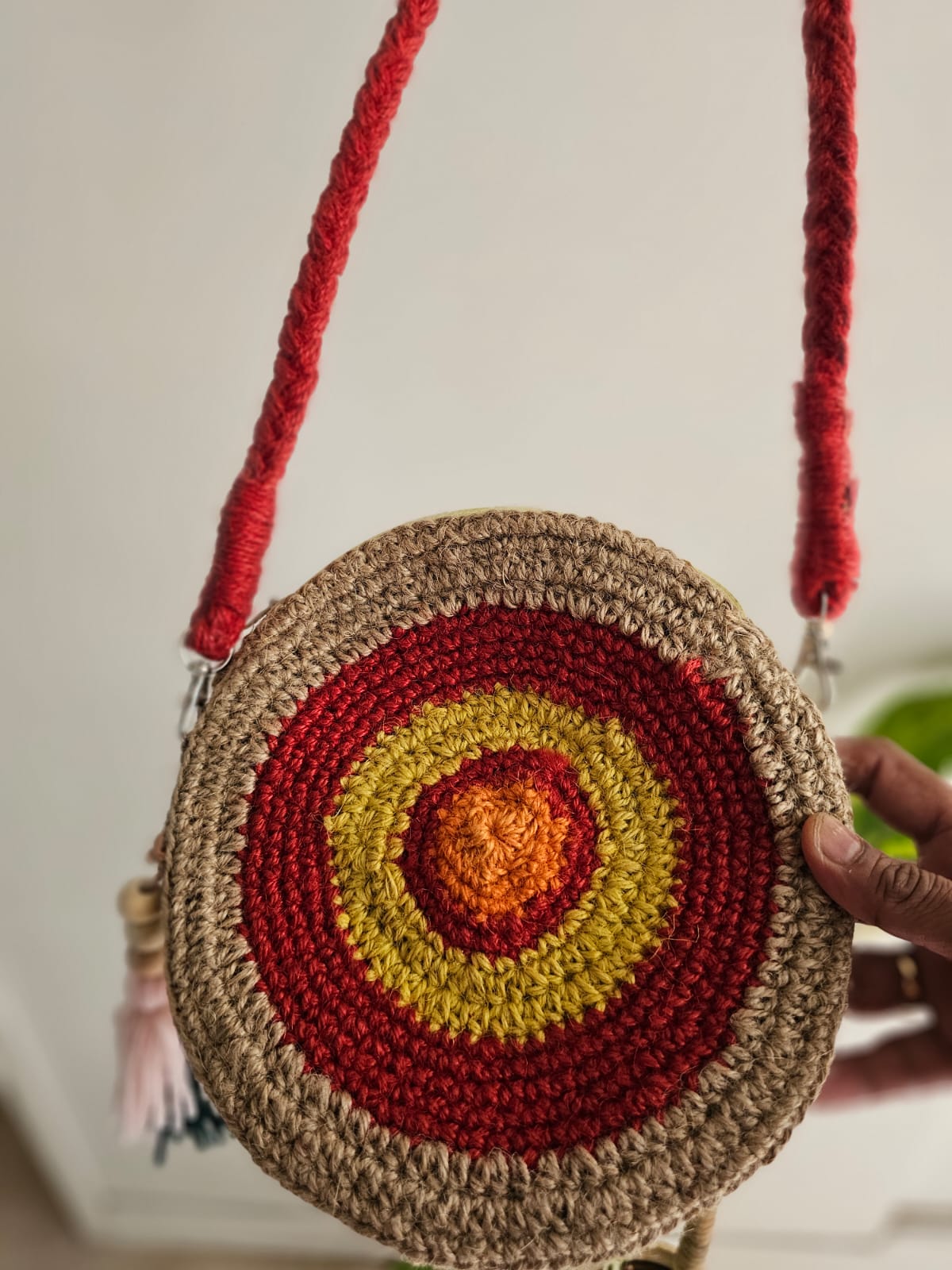 Crochet Round Sling Bag- Jute and Maroon