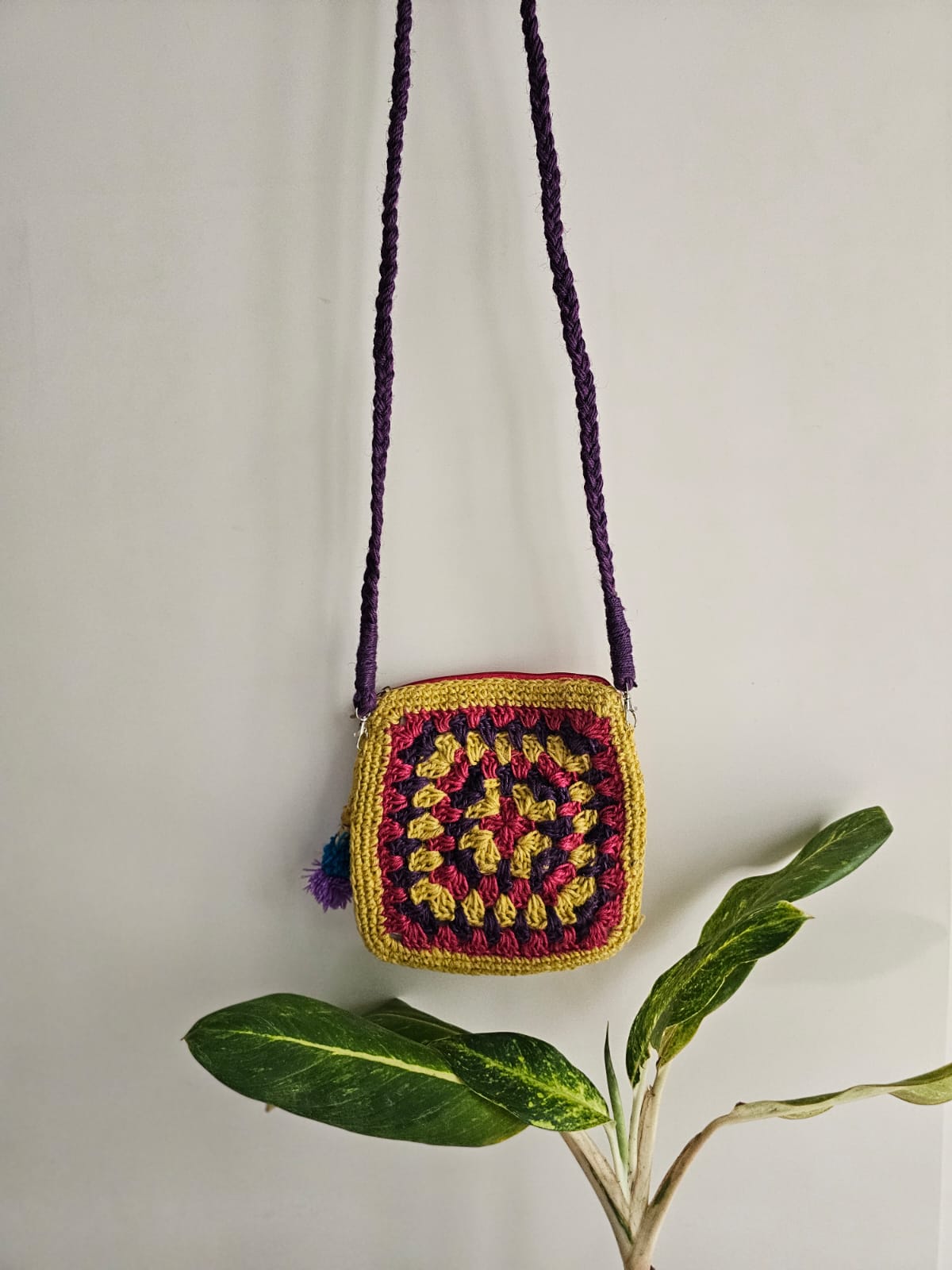 Crochet Sling Square Bag- Yellow and Purple