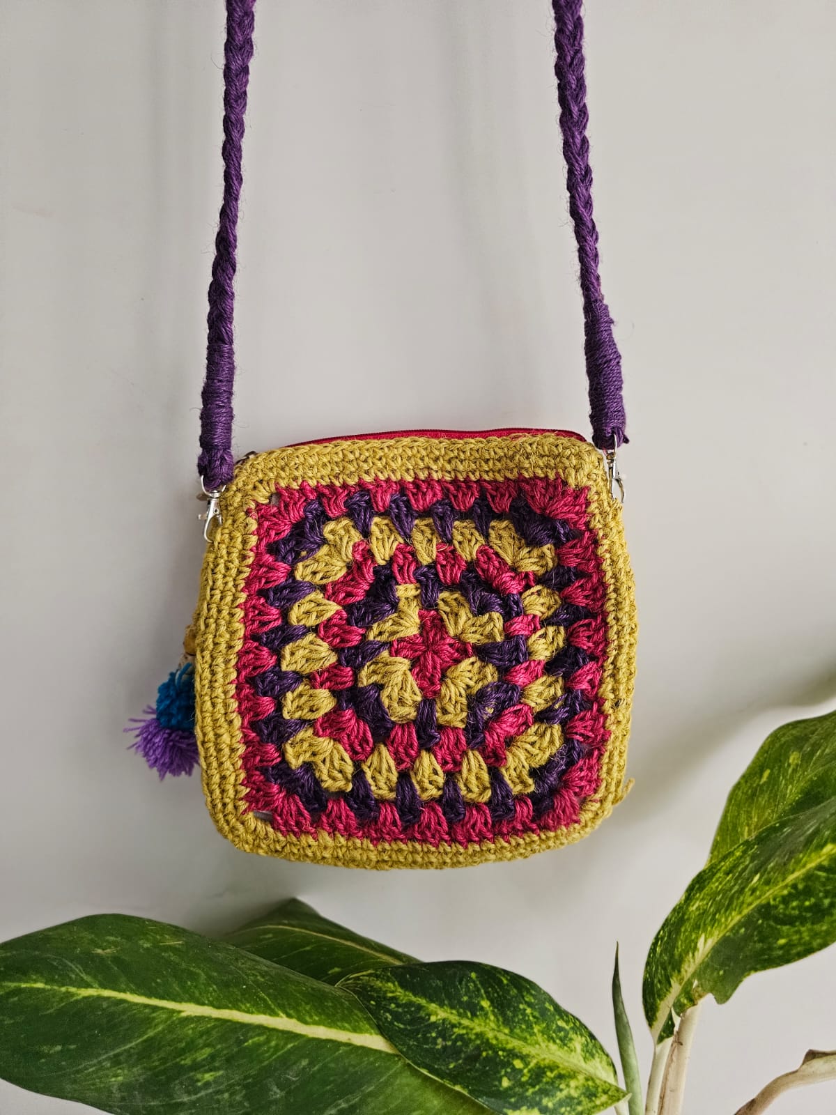 Crochet Sling Square Bag- Yellow and Purple