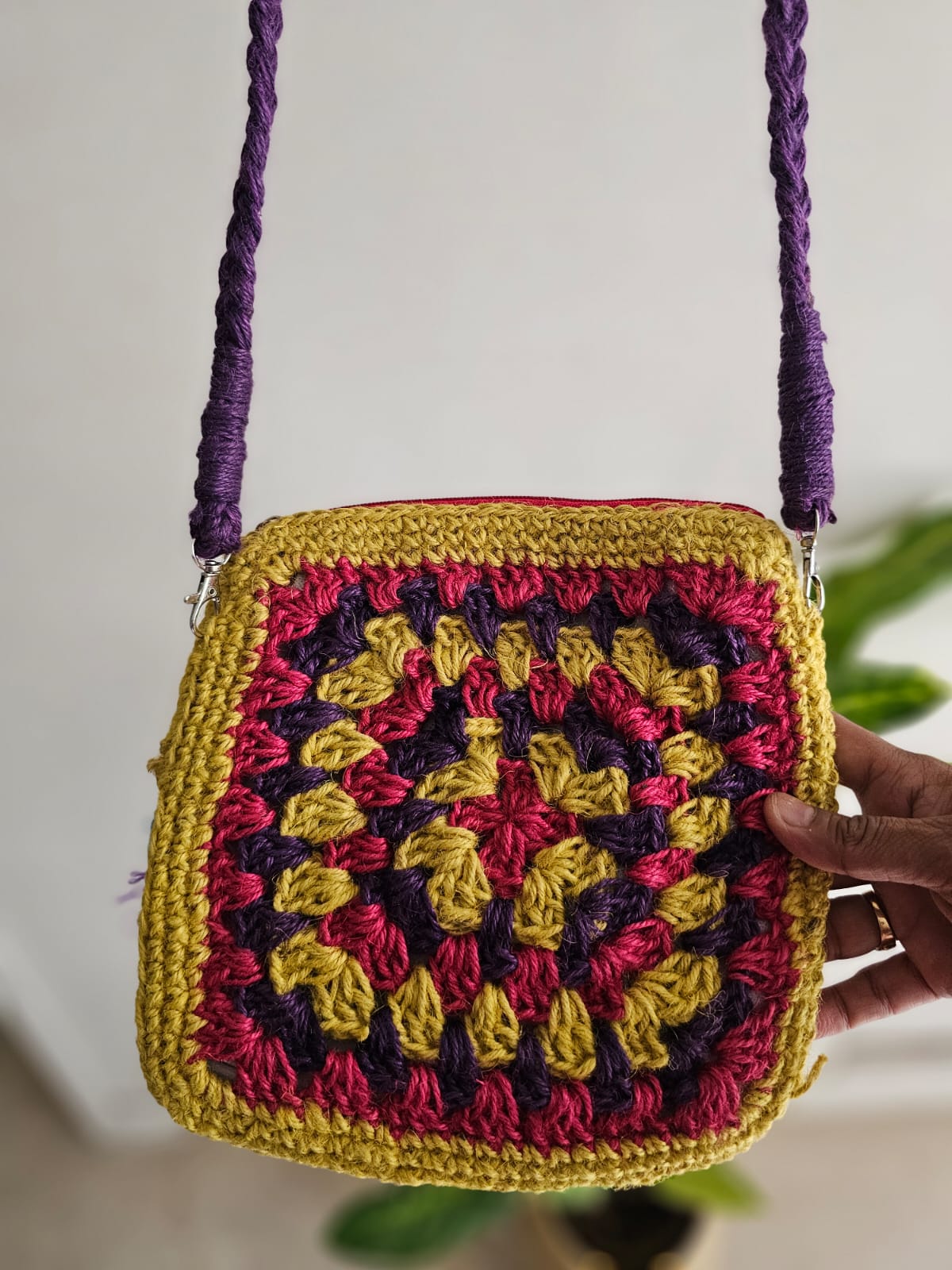 Crochet Sling Square Bag- Yellow and Purple