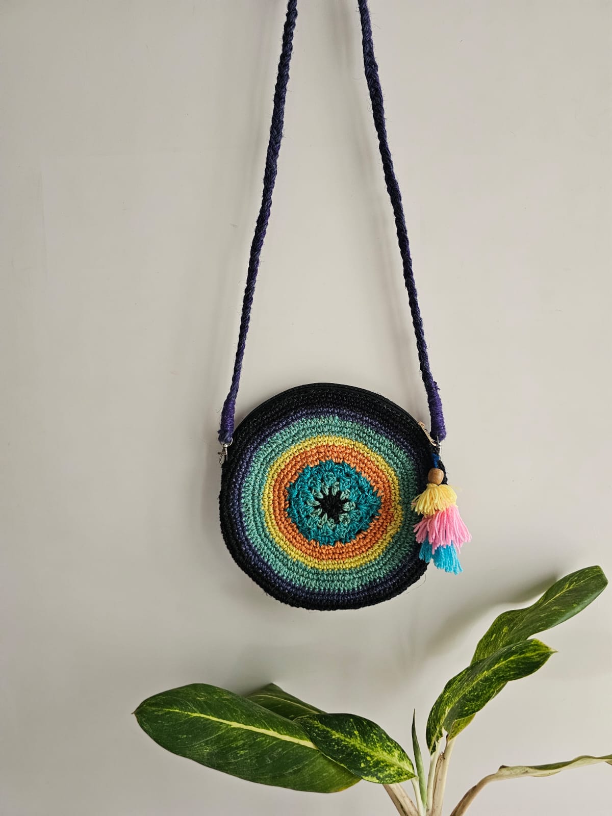 Crochet Sling Round Bag- Blue and Orange