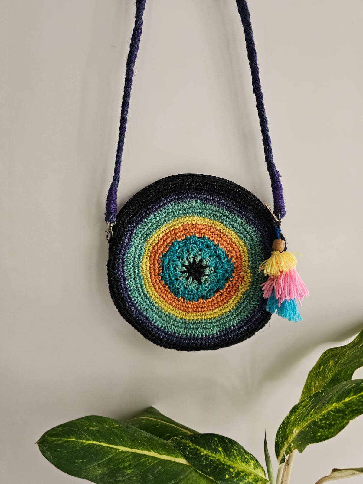 Crochet Sling Round Bag- Blue and Orange