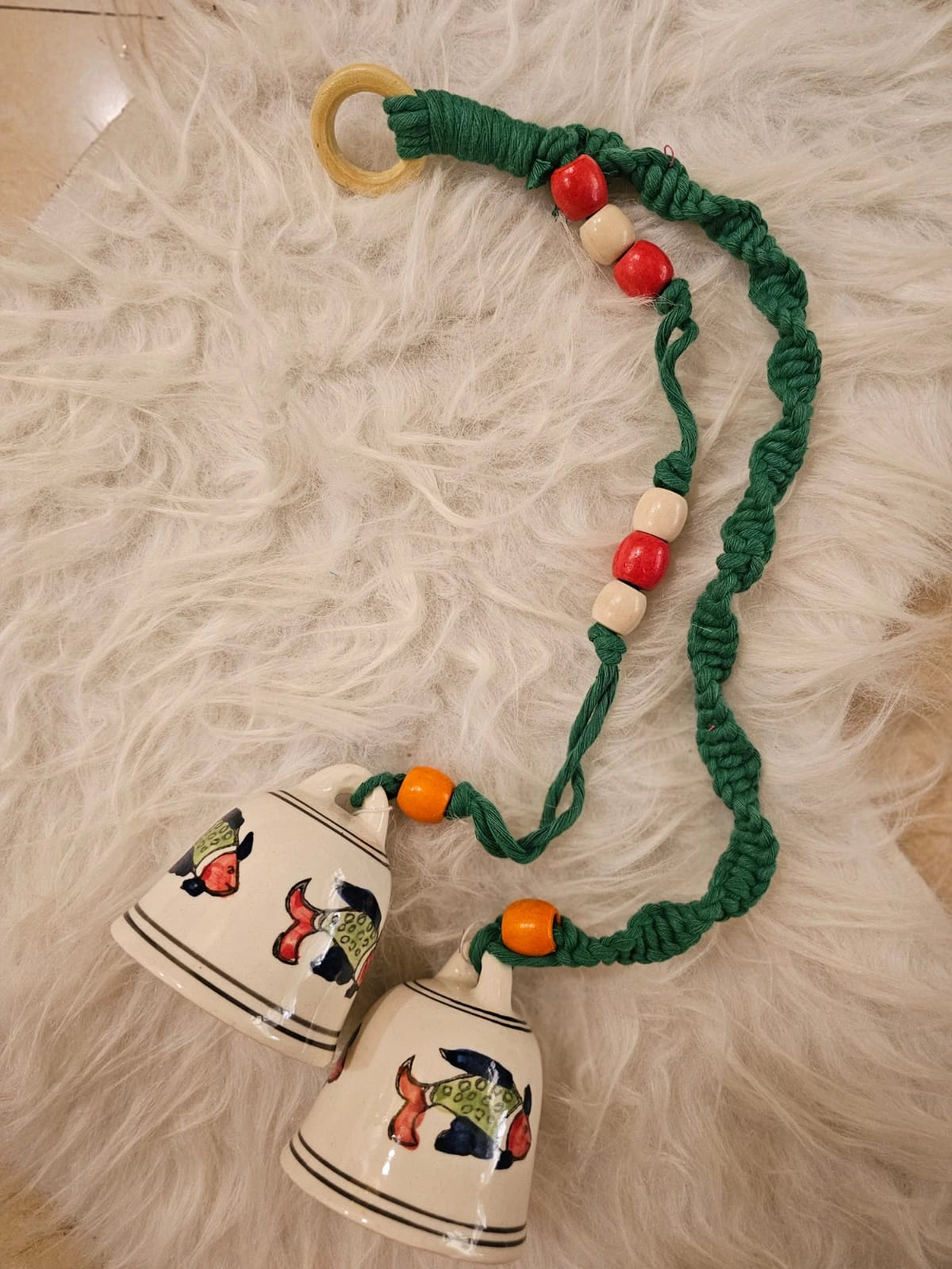 Double Bells- White bells with green Macrame thread