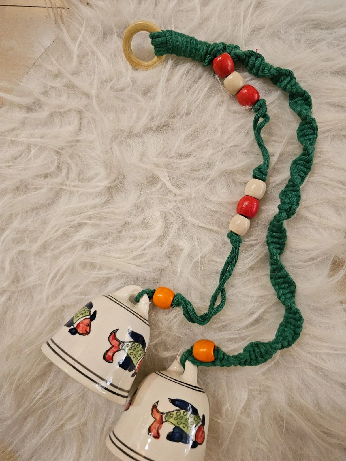 Double Bells- White bells with green Macrame thread