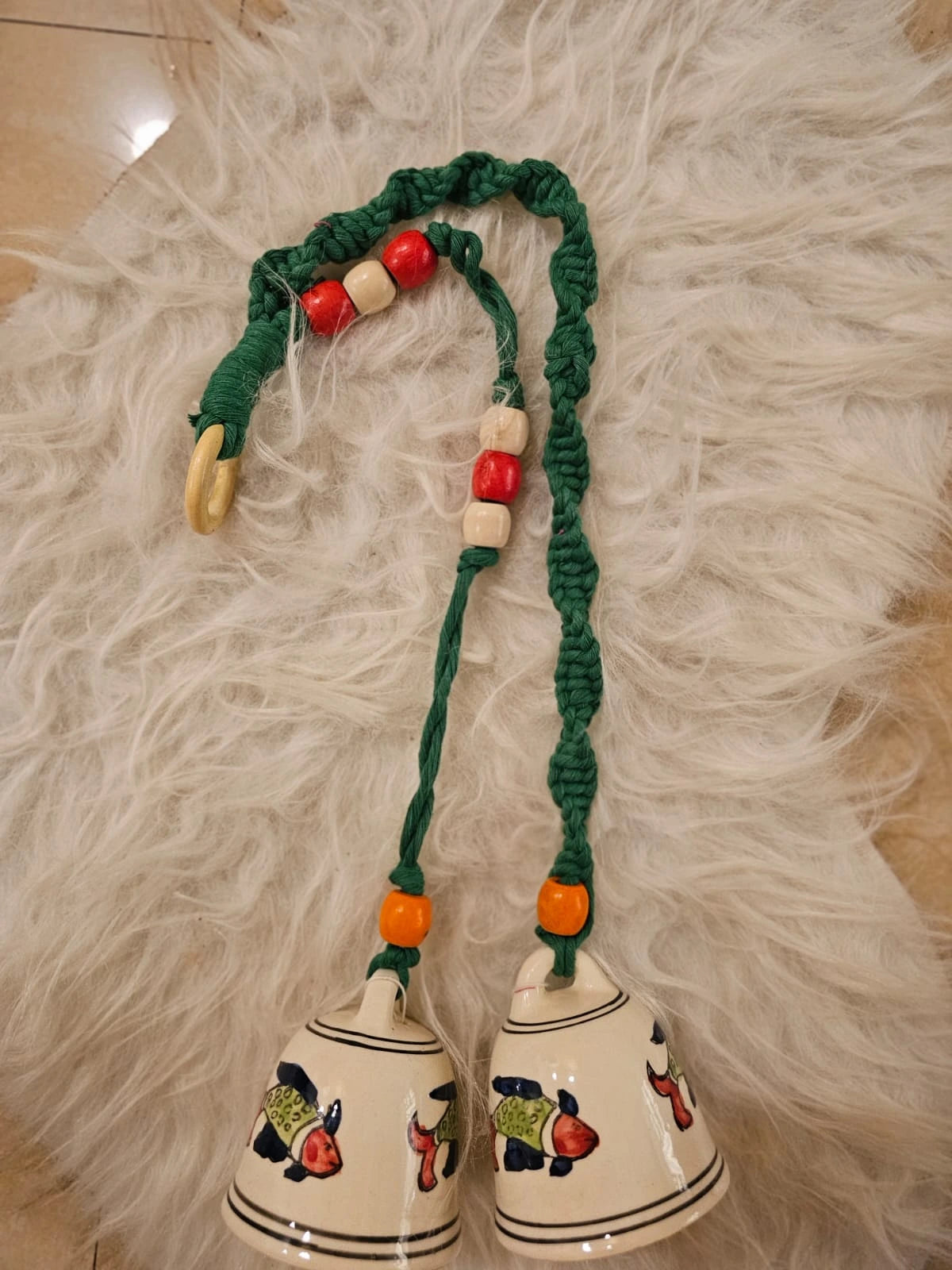 Double Bells- White bells with green Macrame thread