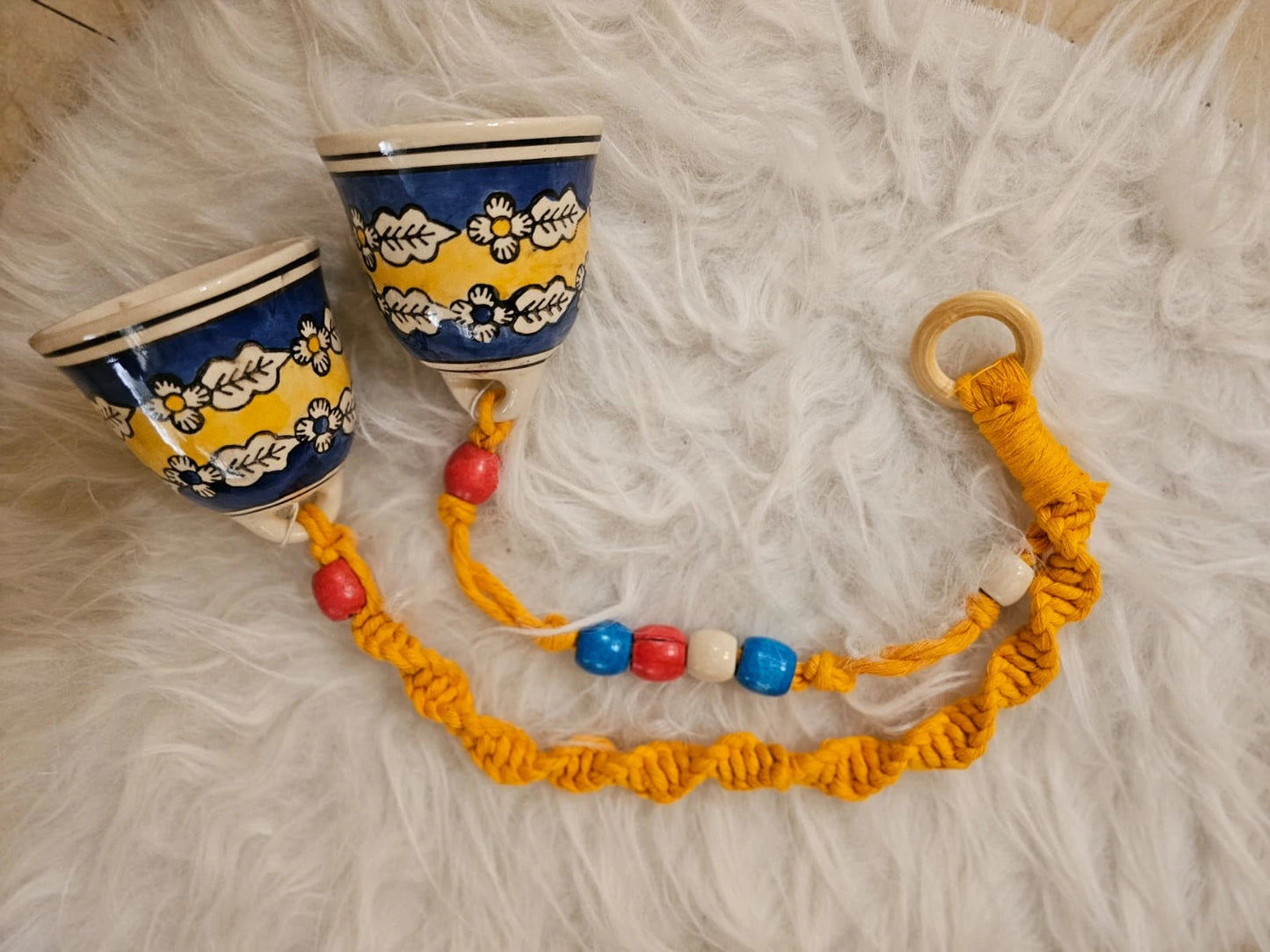 Double Bells- Indigo bells with yellow Macrame thread