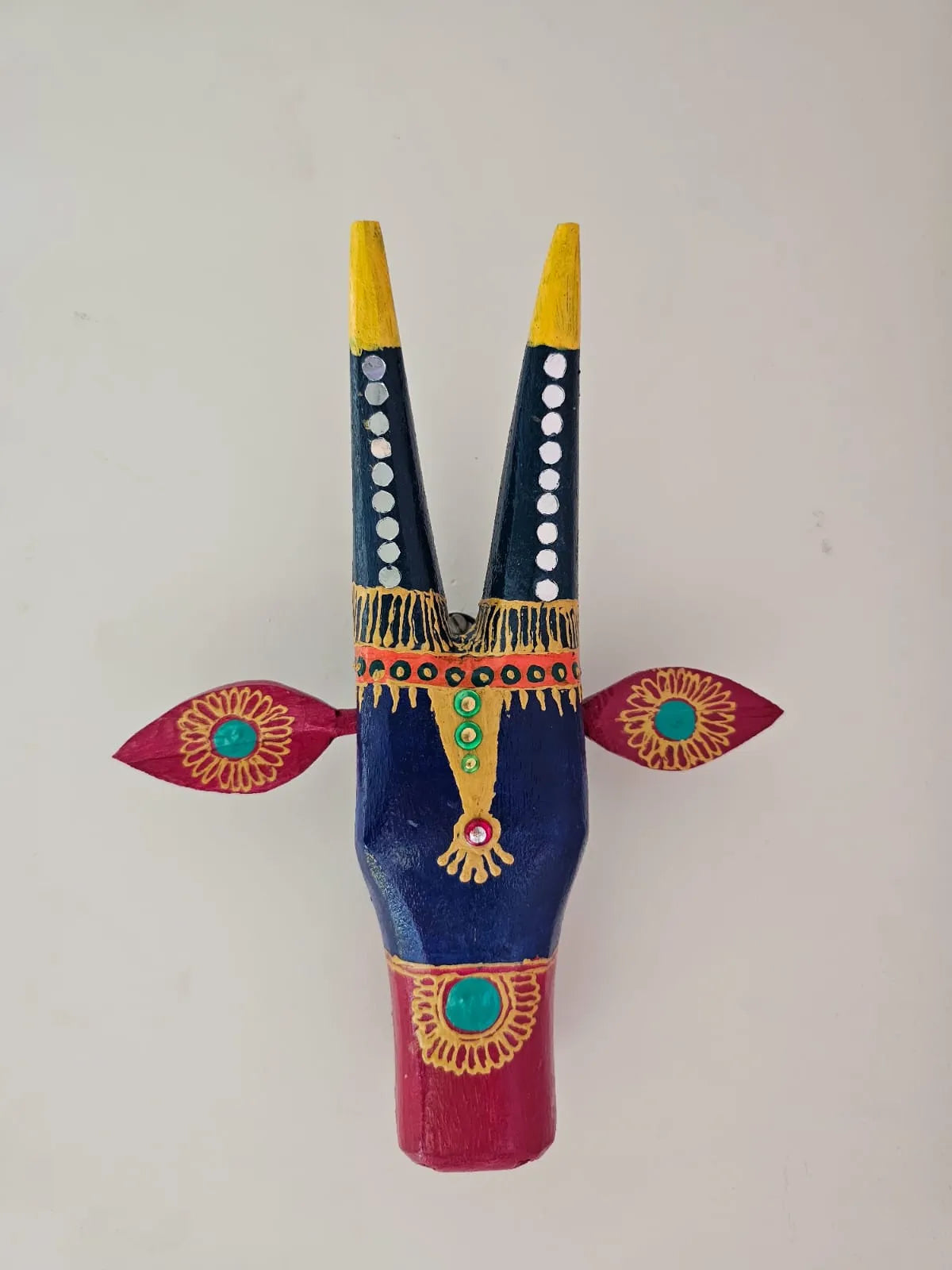 Hand-Painted Wooden Nandi Head- Blue and Red