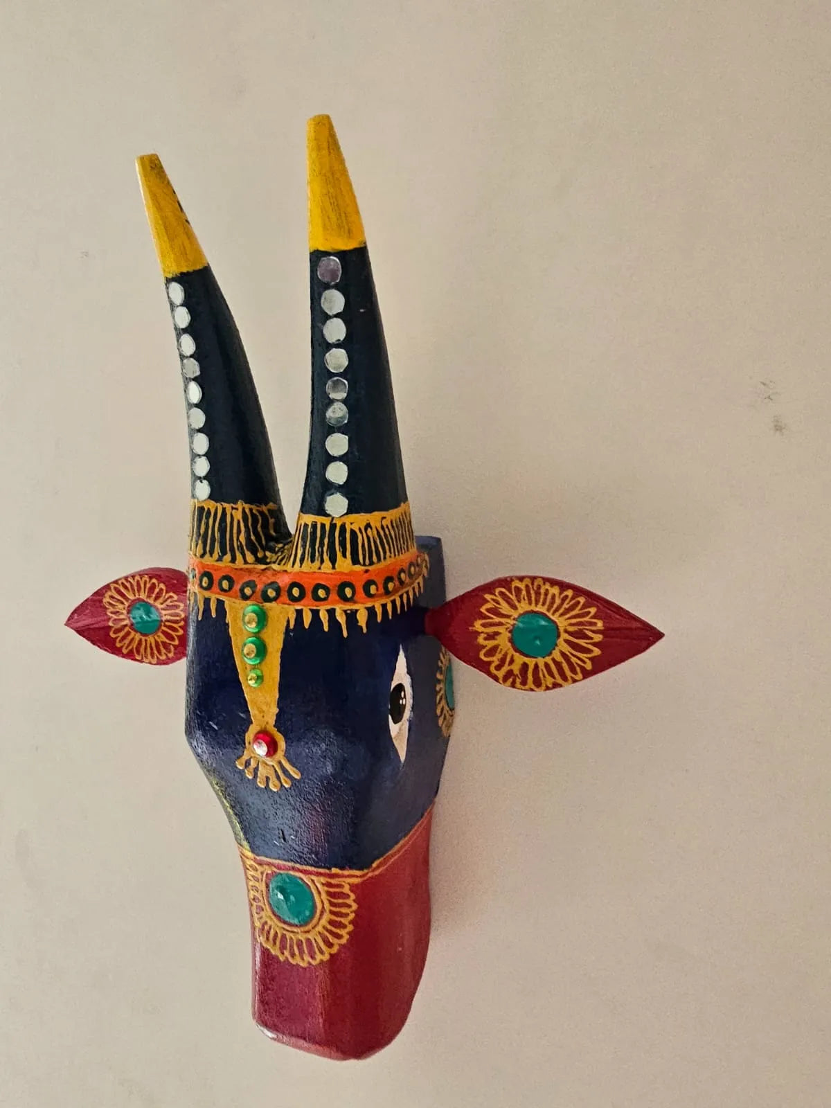 Hand-Painted Wooden Nandi Head- Blue and Red