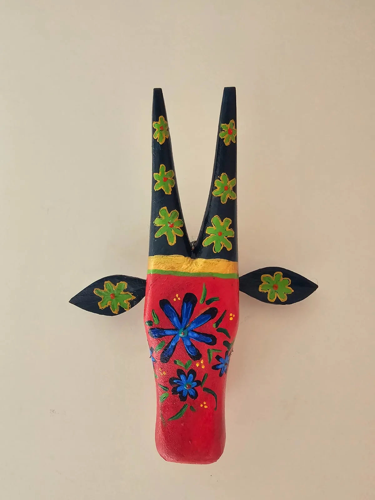 Hand Painted Nandi Head- Red with Blue Floral