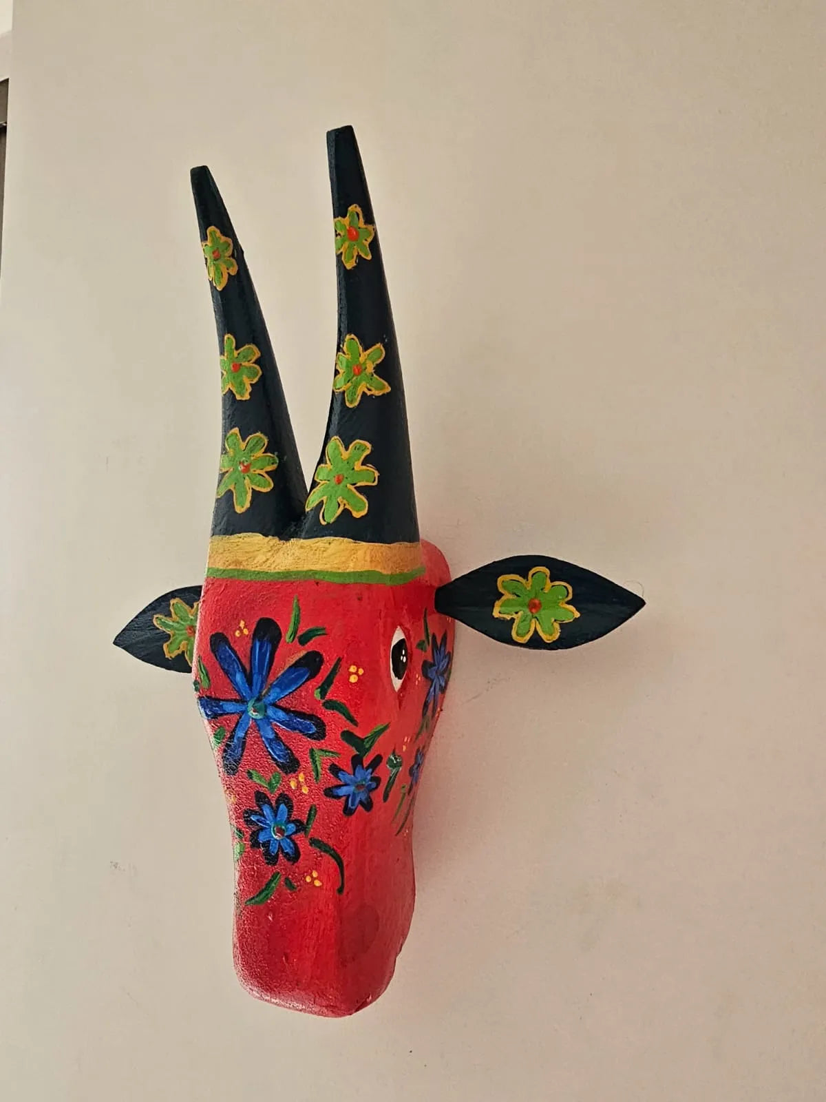 Hand Painted Nandi Head- Red with Blue Floral