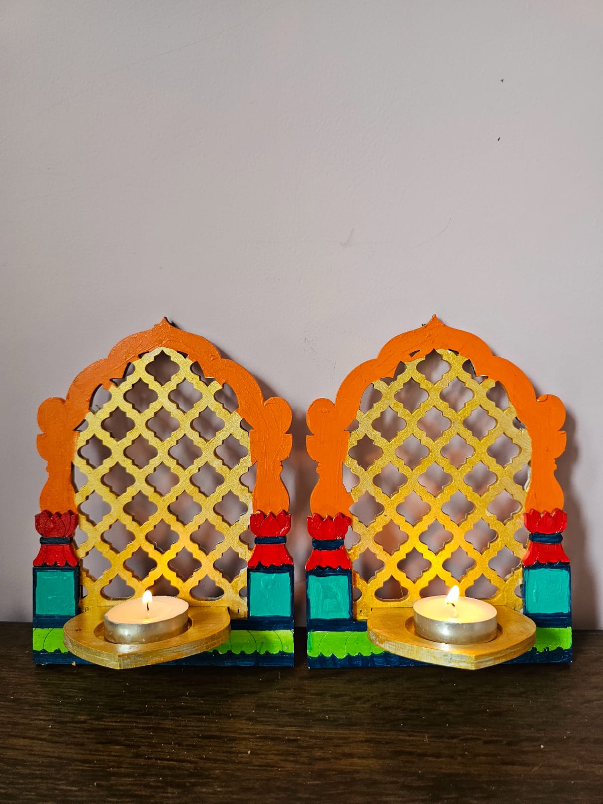 Tlight Candle Holder-Jharokha Jali-Orange