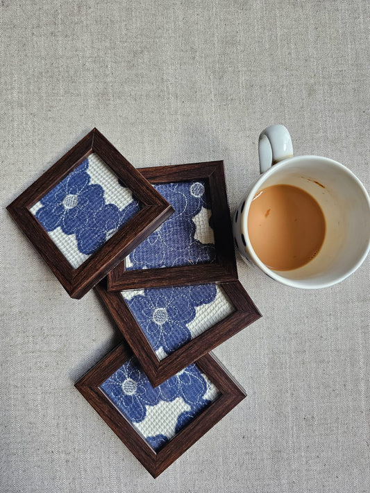 Fabric Coasters-White with Blue Flowers