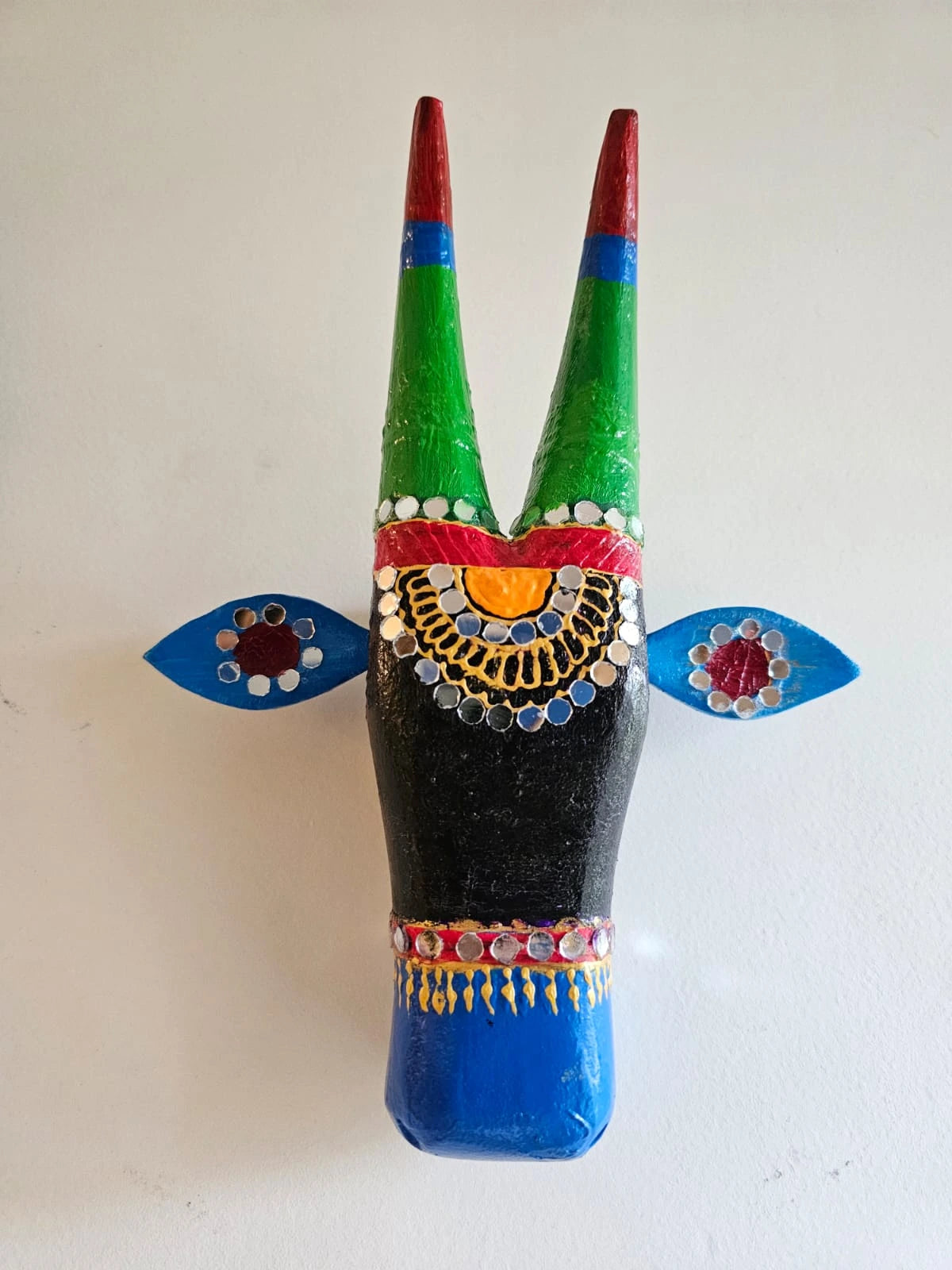 Hand-Painted Wooden Nandi Head- Black and Blue
