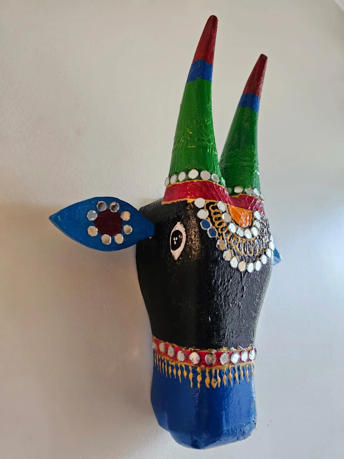 Hand-Painted Wooden Nandi Head- Black and Blue