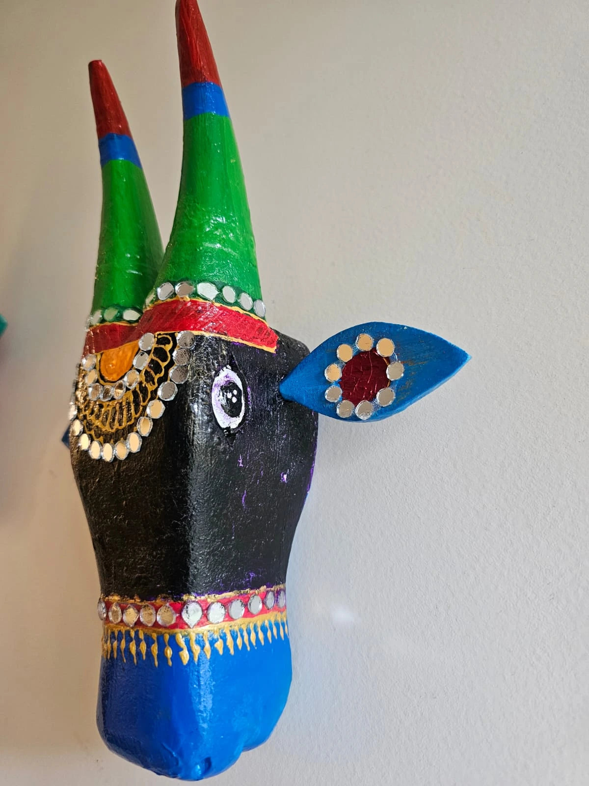 Hand-Painted Wooden Nandi Head- Black and Blue
