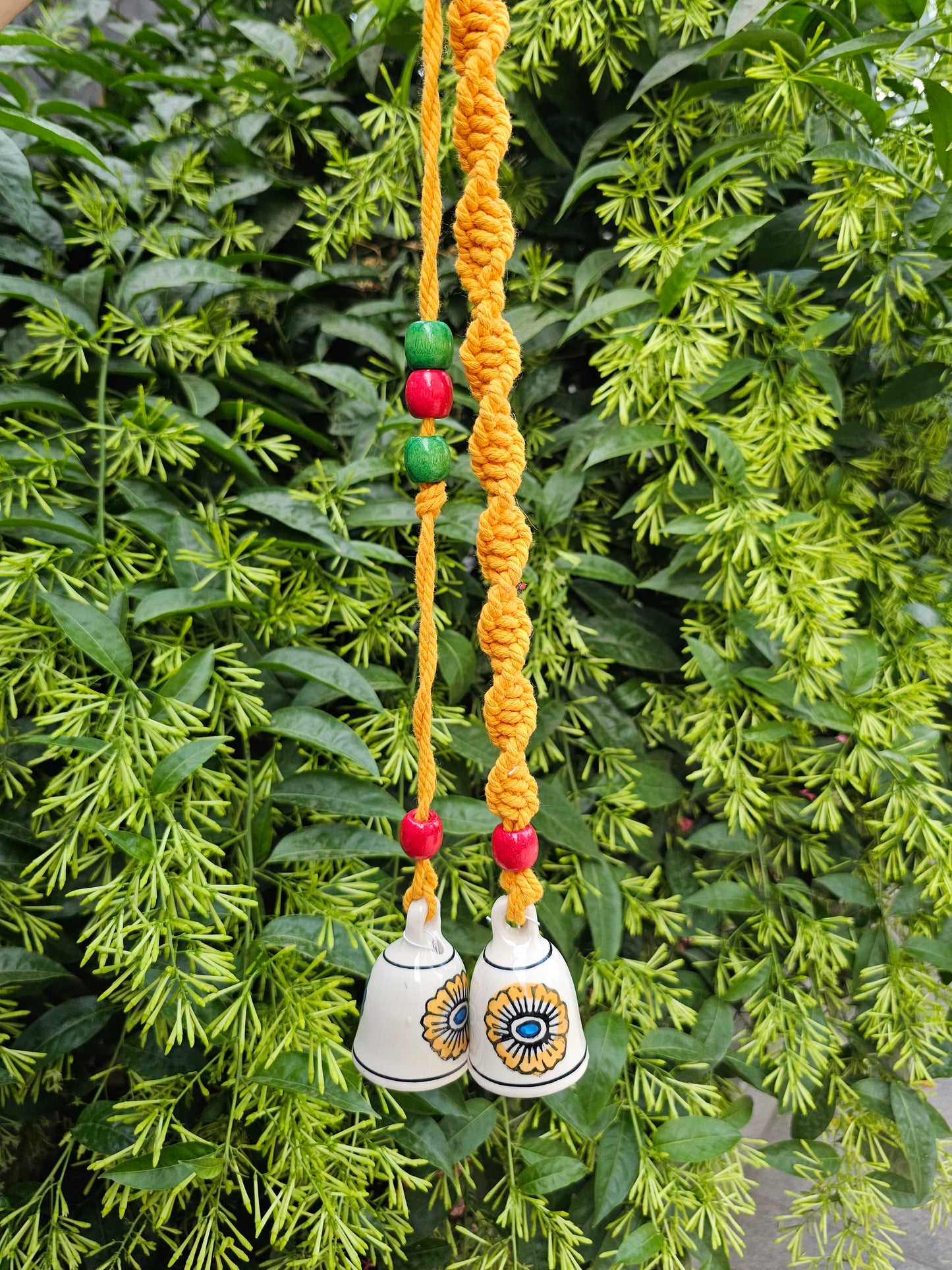 2 Bells Wind Chime-Ivory floral+Yellow Macrame