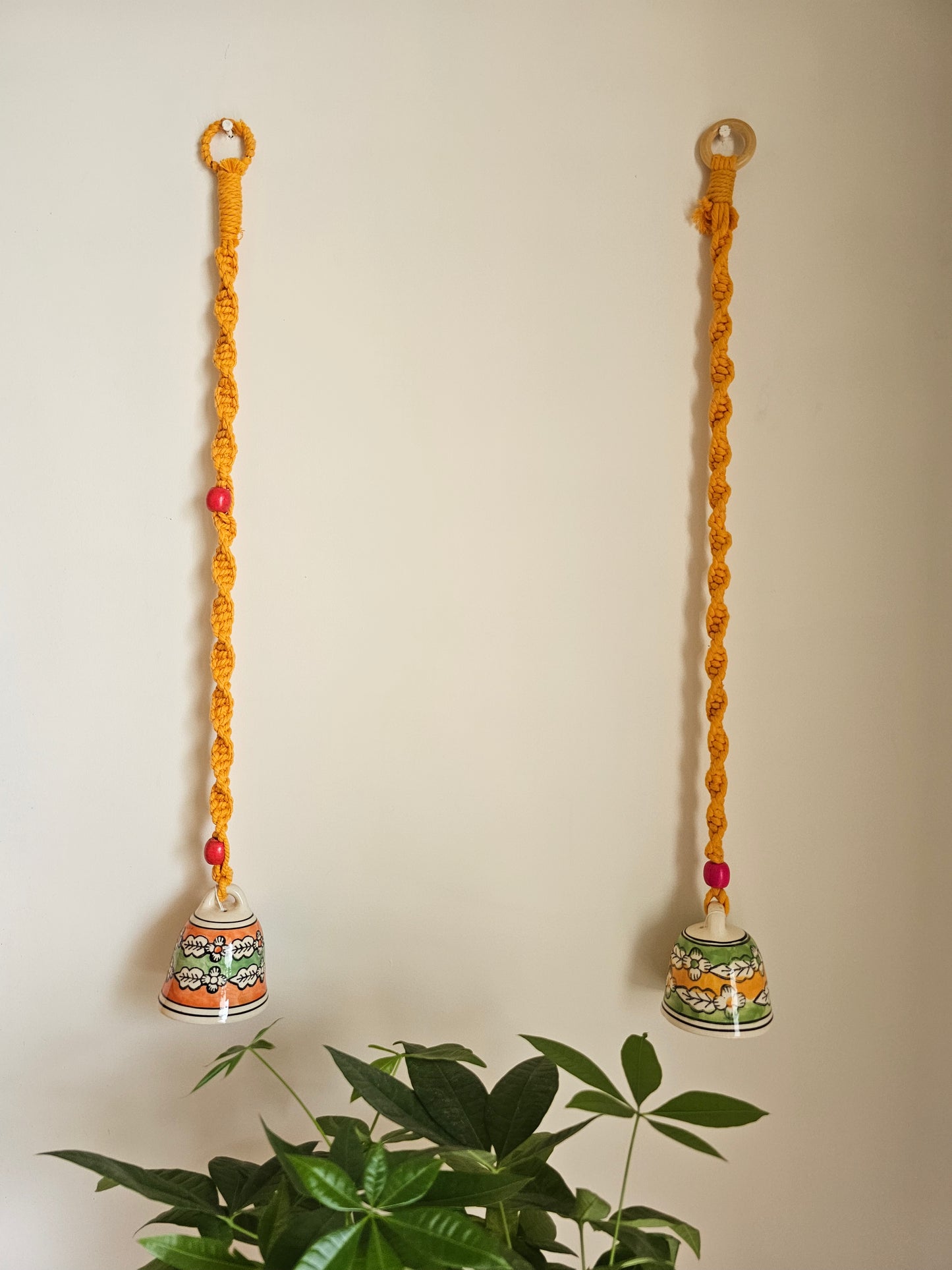 Ceramic Bell Pair-Yellow Macrame