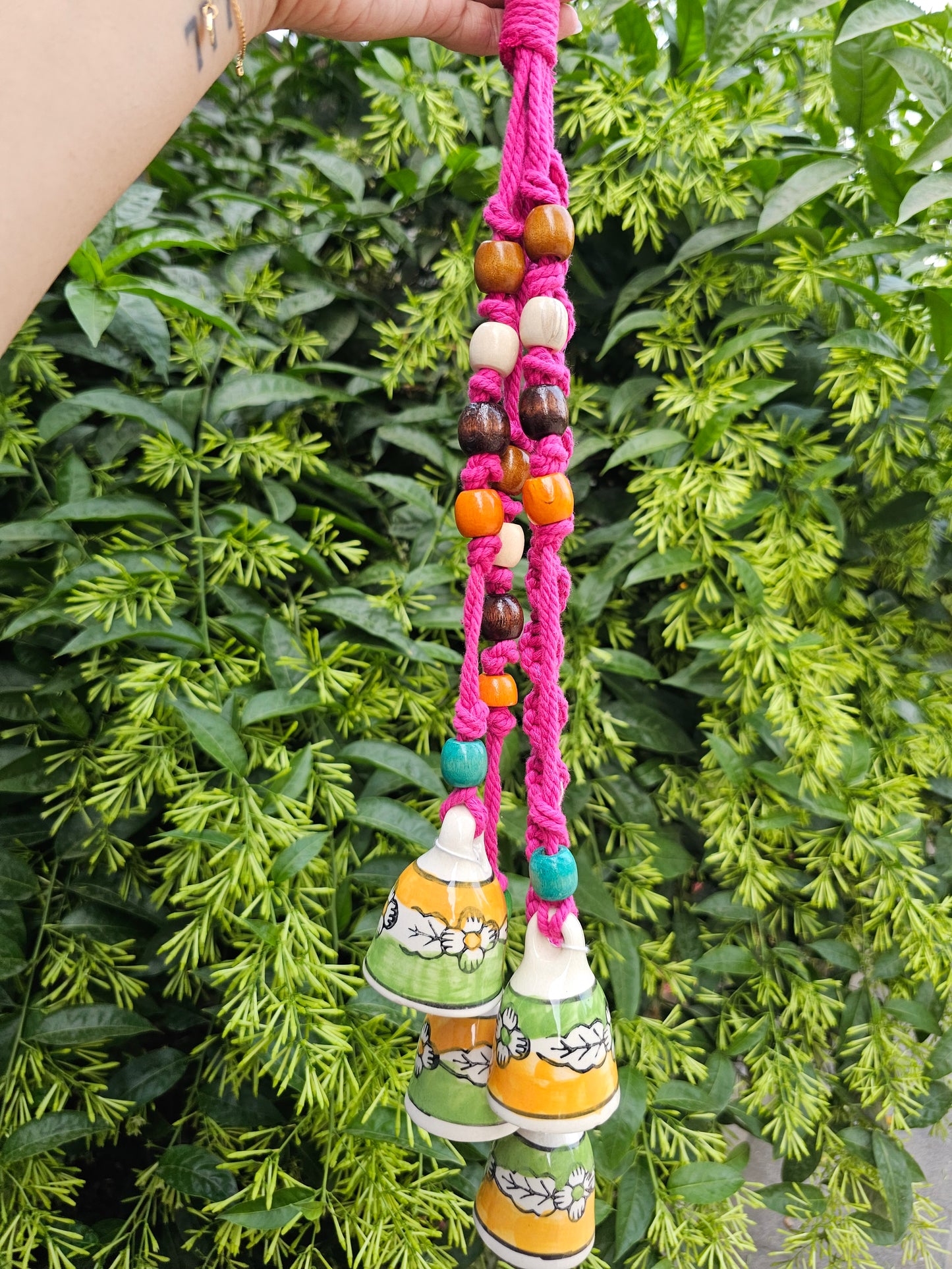 4 Bells Wind Chime-Yellow +Green Bells with Pink Macrame