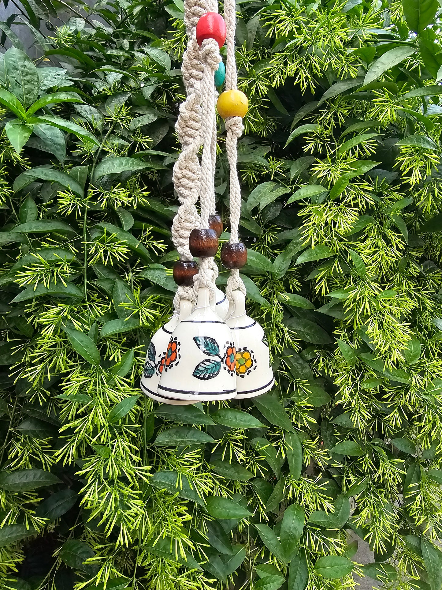 4 Bells Wind Chime-Ivory floral+White Macrame