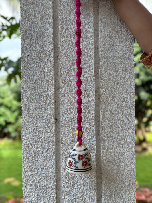 Single Bell- White and Red Bell with Red Macrame Thread