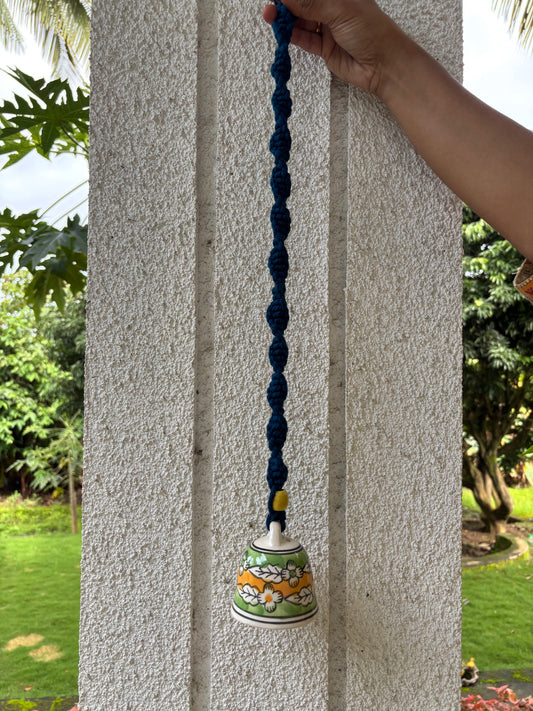 Single Bell- Yellow and Green Bell with Blue Macrame