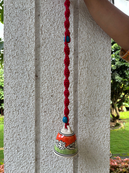 Single Bell- Orange and Green Bell with Red Macrame