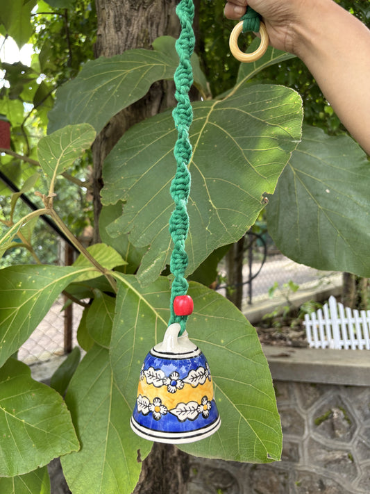 Single Bell- Blue and Yellow with Green Macrame Thread
