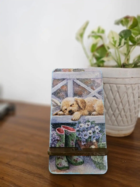 Cozy Puppy Decoupaged Wooden Phone Stand