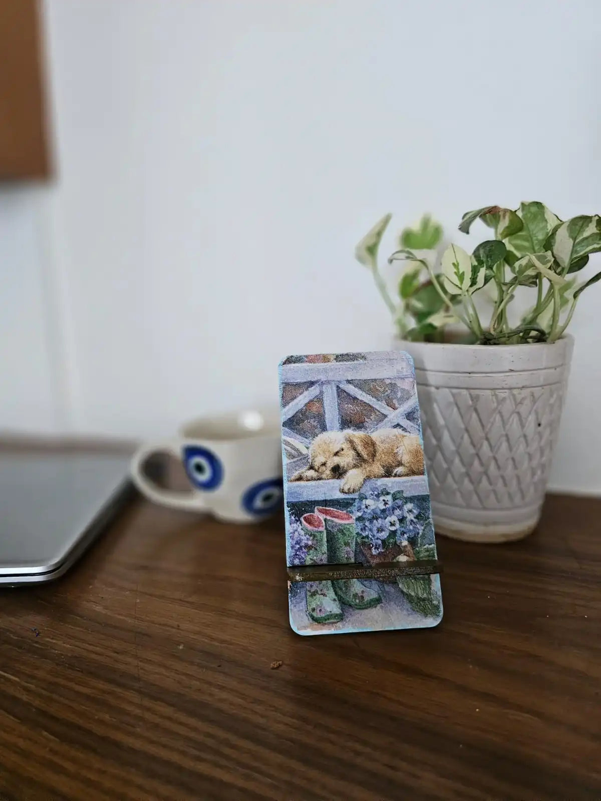Cozy Puppy Decoupaged Wooden Phone Stand