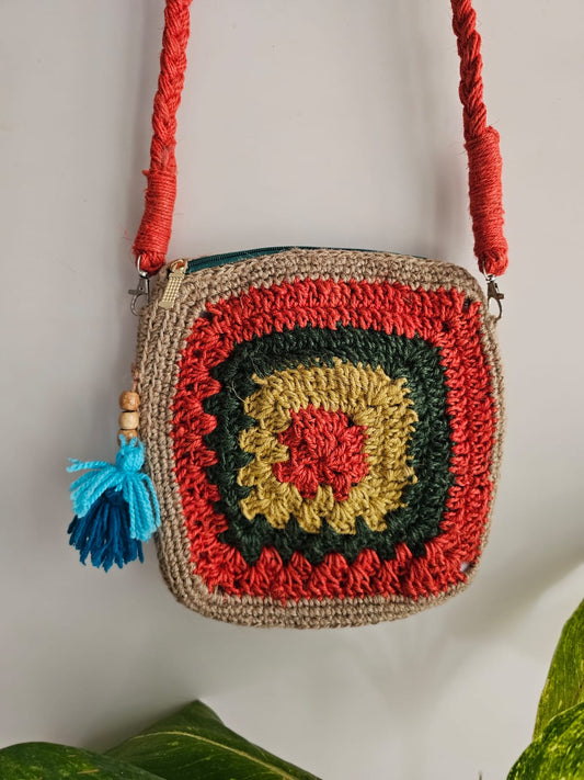 Crochet Square Sling Bag- Jute and Orange
