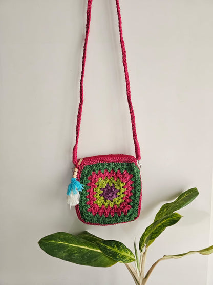 Crochet Square Sling Bag- Green and Pink