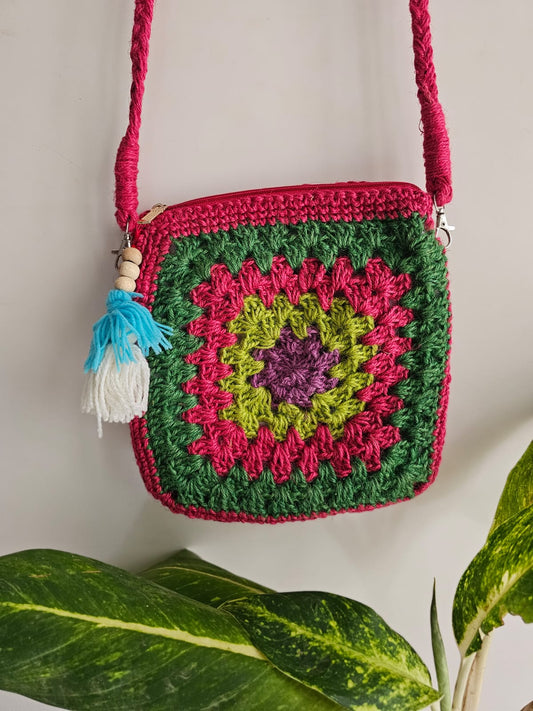 Crochet Square Sling Bag- Green and Pink