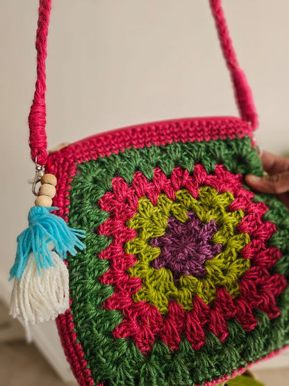 Crochet Square Sling Bag- Green and Pink