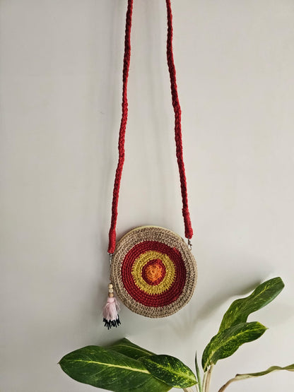 Crochet Round Sling Bag- Jute and Maroon
