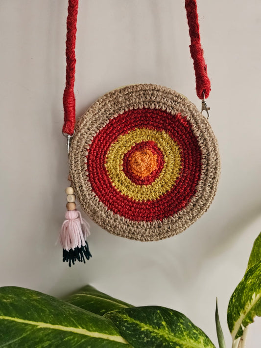 Crochet Round Sling Bag- Jute and Maroon
