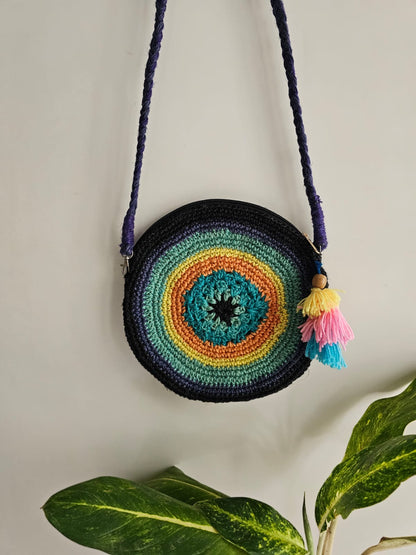 Crochet Sling Round Bag- Blue and Orange