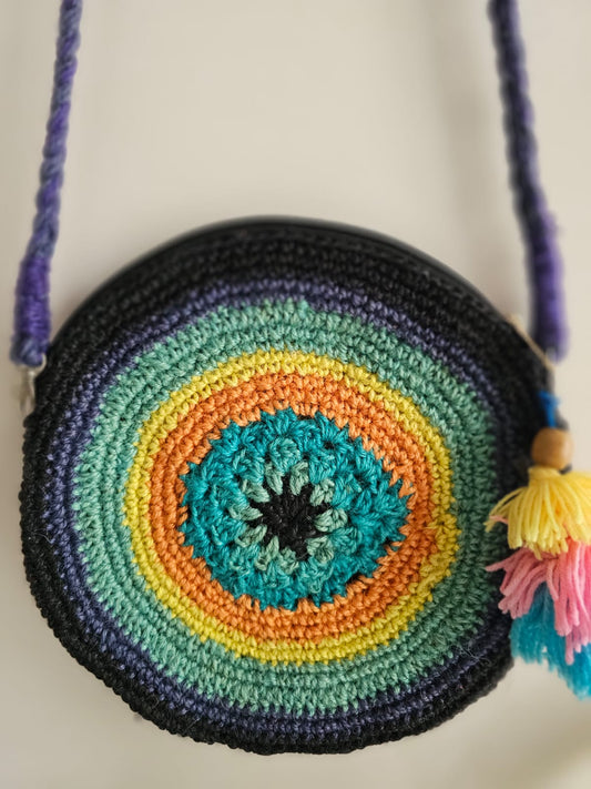 Crochet Sling Round Bag- Blue and Orange