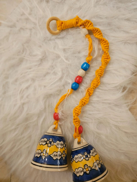 Double Bells- Indigo bells with yellow Macrame thread