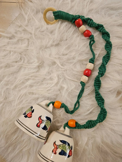 Double Bells- White bells with green Macrame thread
