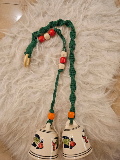 Double Bells- White bells with green Macrame thread