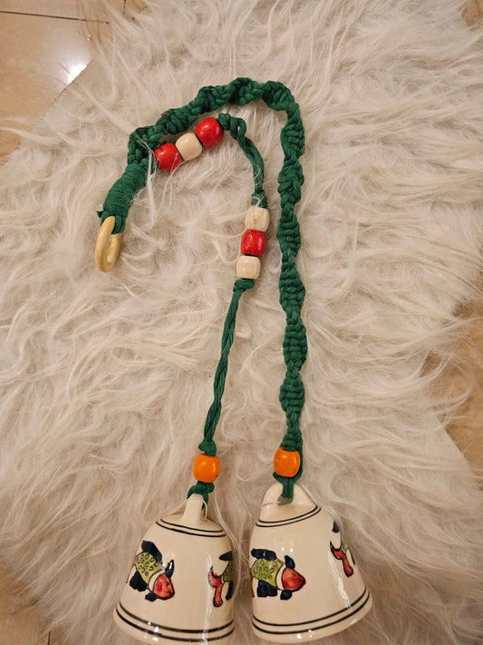 Double Bells- White bells with green Macrame thread